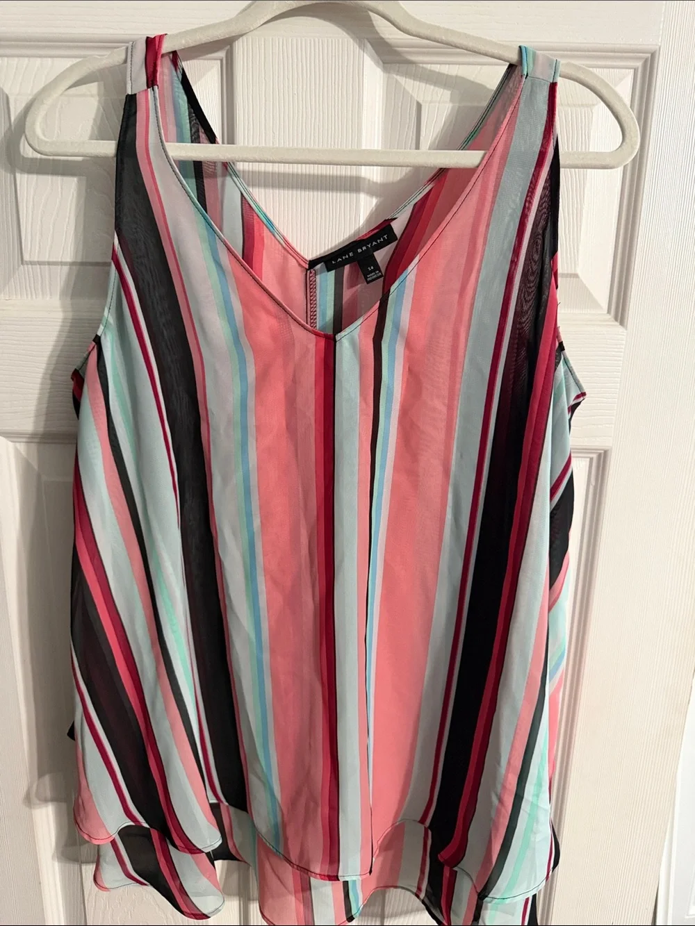 Lane Bryant Coral, Mint & Black Striped V-Neck Tank
